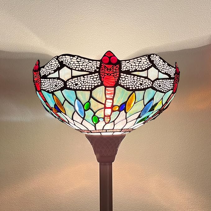 Capulina Tiffany Floor Lamp, Dragonfly Stained Glass Shade, Dark Bronze Pole, Torchiere Standing Light