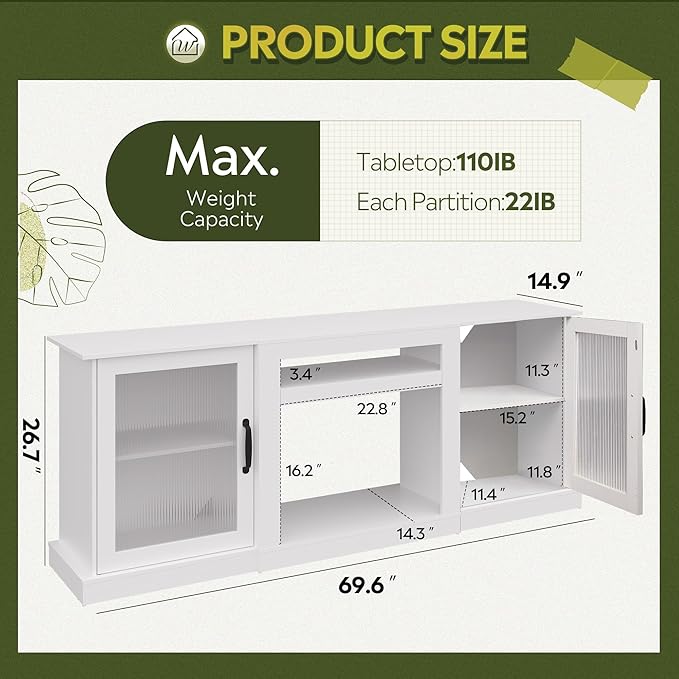 WLIVE Farmhouse TV Stand for 75 inch TV, Entertainment Center with Storage Cabinets, Mid Century Modern TV Console for Living Room, Bedroom, White