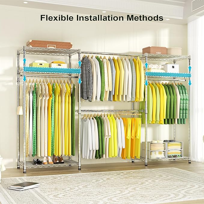 Ulif E1 Heavy Duty Closet Garment Rack, 6 Tiers Adjustable Metal Freestanding Expandable Clothing Storage with 4 Hanger Rods, Easy to Assemble Wardrobe, 71.4" H x (70" - 88.2") L x 14" D, Chrome