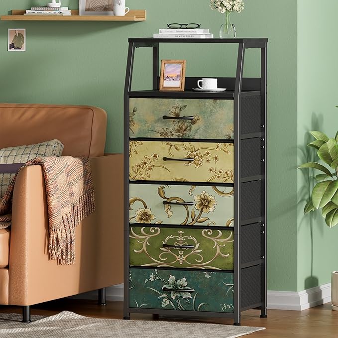 Furnulem Retro 5 Drawers Dresser, Tall Dressers for Bedroom, Closet, Hallway, Nursery, Fabric Storage Tower Organizer, Vertical Nightstand Side Table Furniture, Steel Frame, Wood Top