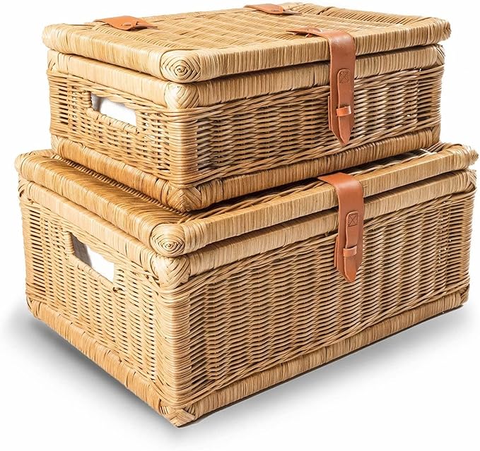The Basket Lady Covered Wicker Storage Basket, Small, 17 in L x 11 in W x 6 in H, Sandstone