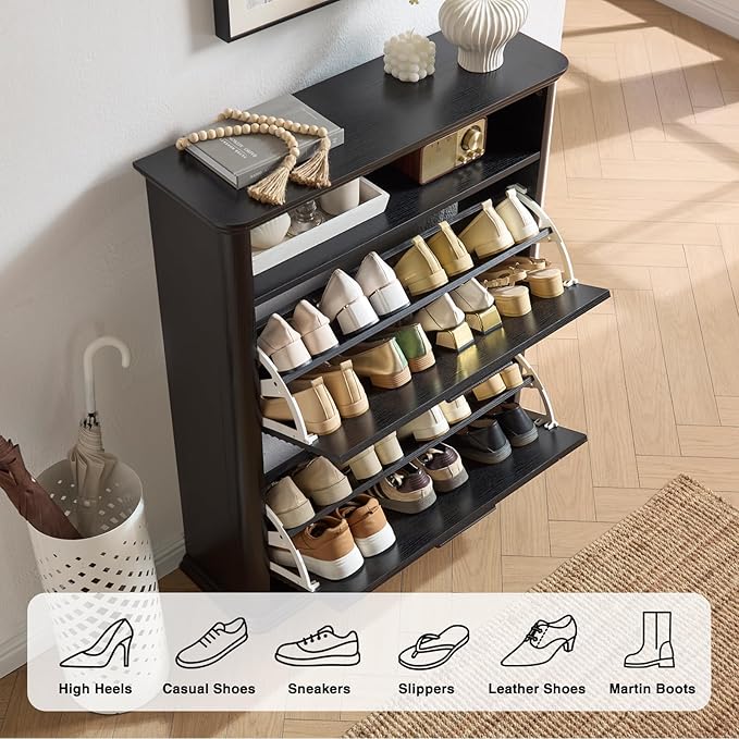 Okvnbjk Fluted Narrow Shoe Cabinet with 2 Flip Drawers, Shoe Storage Cabinet with Open Storage & Curved Profile Design, Wood Shoes Rack for Entryway, Hallway, Foyer, Black