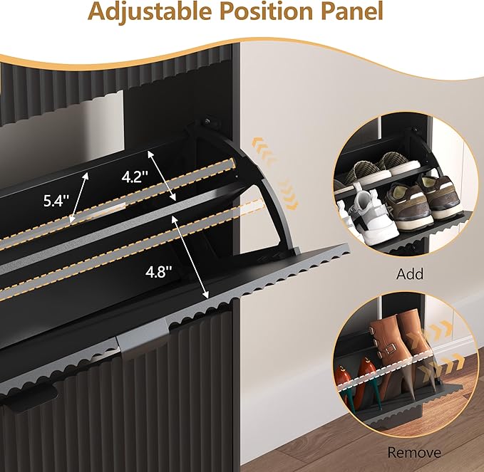 Shoe Cabinet Storage for Entryway with 2 Flip Drawers, Black Fluted Shoe Cabinet with Open Storage, Wooden Hidden Shoe Rack Freestanding Narrow Slim Shoes Organizer for Hallway, Entrance