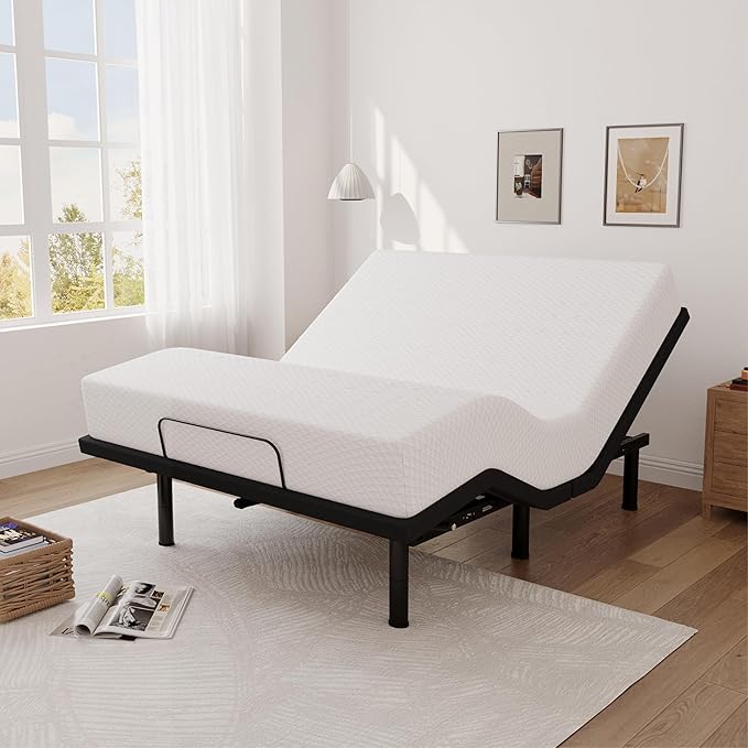Queen Size Adjustable Bed Base Frame and 12 inch Green Tea Memory Foam Mattress, Electric Bed Base Wireless Remote, Zero Gravity Bed, Head and Foot Incline, Anti-Snore,Easy Assembly