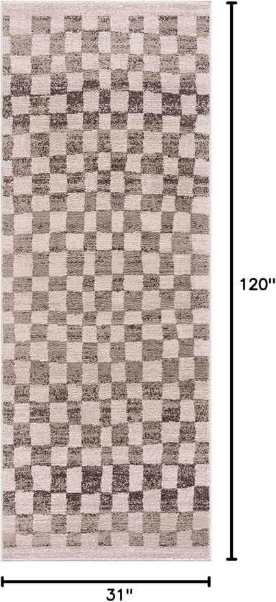Hauteloom Pertek Modern Checkered Runner Rug - Modern Geometric Carpet for Hallway, Kids Room, Nursery - Bohemian Boho Carpet - Cream, Beige, Tan - 2'7" x 10'