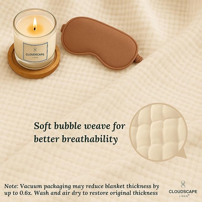 Cloud Scape Linen 100% 8-Layer Cotton Muslin Blanket Queen Size,Lightweight All Season Blanket for Bed, Oversized Cotton Blankets, fits Full Size Bed, 92x92, Ivory