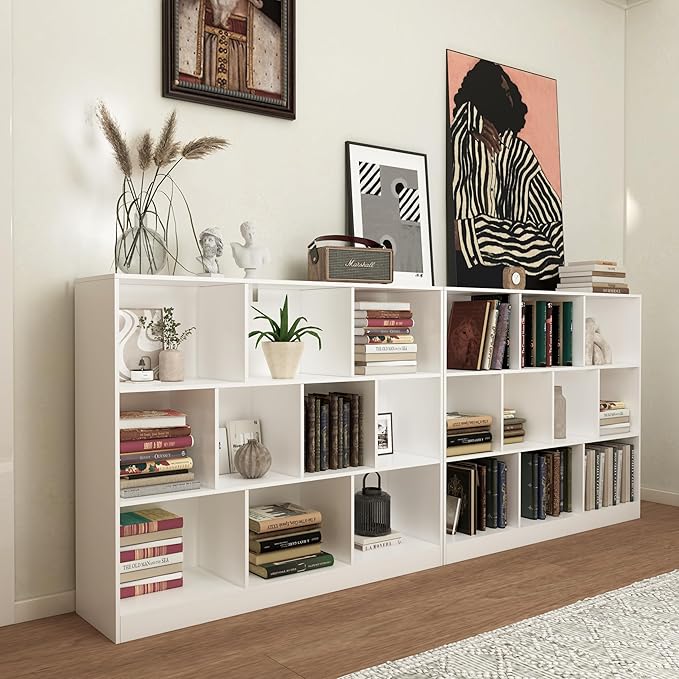 10-Cube Wooden Bookshelf with Base,3-Tier Freestanding Open Storage Organizer,Multi-Functional Bookcase for Living Room,Bedroom,Study and Office (White, 10-Cube)