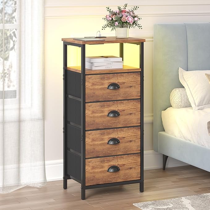 Nightstand with Charging Station,LED Nightstand with 4 Fabric Drawers, Bedside End Tables, 2-Tier Open Storage Shelf Side Table Nightstand with Drawers for Bedroom,Rustic Brown