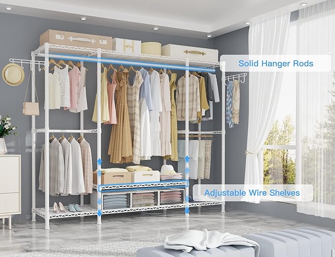 Ulif E3 Heavy Duty Garment Rack, 4 Tiers Freestanding Closet Organizer System with 5 Shelves, Metal Closet Organizer and Storage System for Clothes, Max Load 650lbs, 57.1"W x 14.5"D x 77.3"H, White