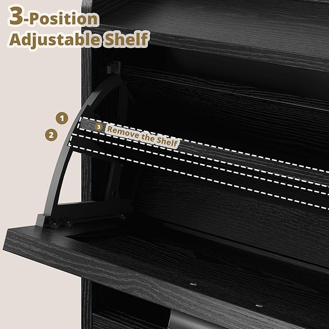 IRONCK Farmhouse Shoe Storage Cabinet with 4 Flip Drawers, Freestanding Shoe Organizer with Adjustable Shelf for Entryway, Narrow Shoe Rack Cabinet for Hallway, Living Room, Black