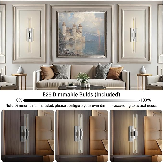 Wall Sconces Set of Two 22.8" Indoor Wall Light Fixtures, Nickel Bathroom Vanity Light Fixtures with Clear Glass, Modern Wall Lamp for Bathroom Living Room Bedroom Hallway(Bulb Included)