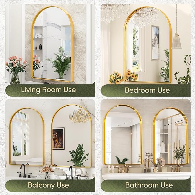 Suidia 26" x 38" Bathroom Mirror, Bathroom Vanity Mirror Metal Framed, Wall-Mounted Mirrors for Bedroom, Living Room, Entryway, Hallway, Gold, Arch Style