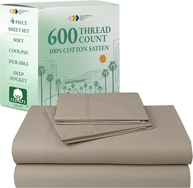 California Design Den Luxury Queen Size Sheet Set - 100% Cotton, 600 Thread Count Deep Pocket Queen Sheets, Hotel-Quality Bedding with Sateen Weave (Cool Taupe)