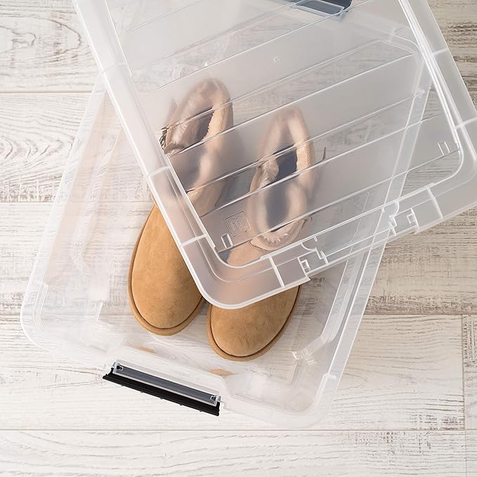 IRIS USA 32 Qt Stackable Plastic Storage Bins with Lids, 6 Pack - BPA-Free, Made in USA - See-Through Organizing Solution, Latches, Durable Nestable Containers, Secure Pull Handle - Clear