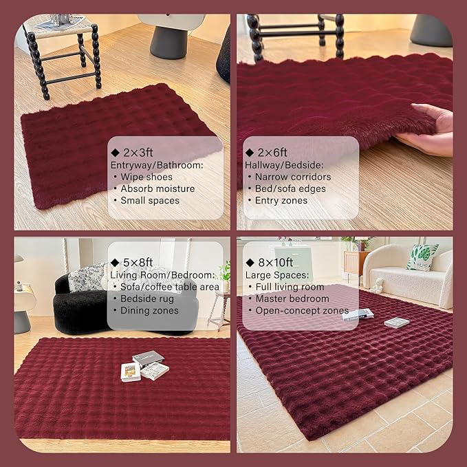 Wine Red Rabbit Plush Area Rug for Bedroom Living Room Sofa,4'X6' Faux Fur Fluffy Shaggy Rectangular Square Rug for Kids Teen Girls Room,Furry Carpet Rug for Nursery Baby Room Decor for Teenage