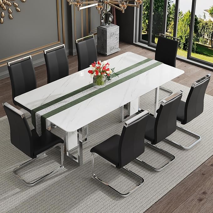 79 Inch Modern Dining Table Set for 8, White Luxury Kitchen Set with 1.8-inch Faux Marble Table Top & 8 PU Leather Upholstered Chairs for Dining and Living Room
