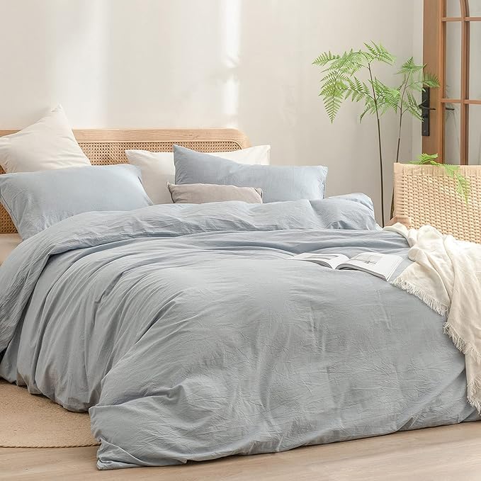 BESTOUCH Duvet Cover Set 100% Washed Cotton Linen Feel Super Soft Comfortable Chic Lightweight 3 PCs Home Bedding Set Solid Cornflower Blue Full/Double