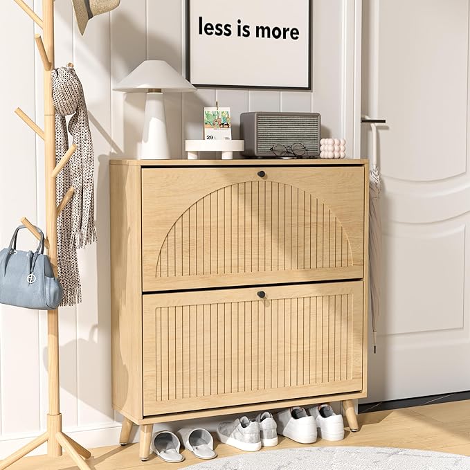 Shoe Storage Cabinet for Entryway with 2 Flip Drawers, Narrow Wood Shoe Cabinet with Fluted Panel, Freestanding Hidden Shoe Organizer for Foyer, Hallway (Wood Color)