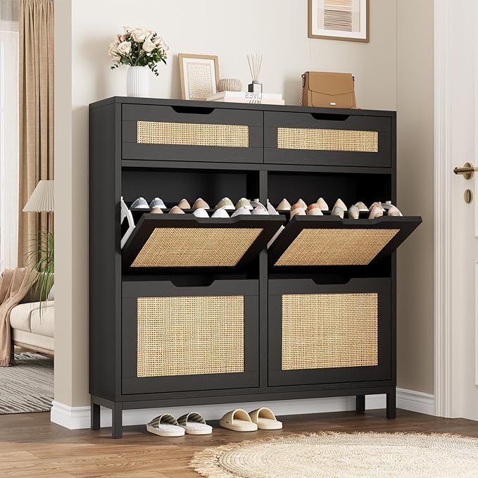 Rattan Shoe Cabinet for Entryway with 4 Flip Drawers & 2 Top Drawers, Freestanding Narrow Shoe Storage Cabinet with Metal Legs for Foyer, Hallway (Black)