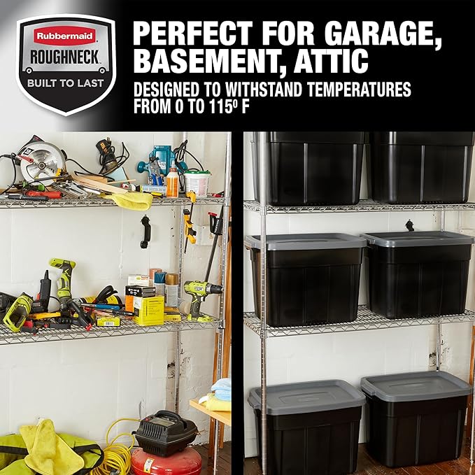 Rubbermaid 18 GAL 6 Pack Garage Storage Bins with Stackable Lid, Heavy Duty - Made in USA - Extreme Temperature Resistant, Durable Plastic Containers with Handles - Solid Black and Grey
