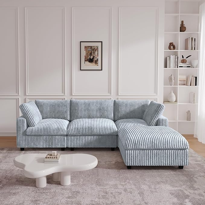 JACH 118" L Shape Sectional Couch, Convertable Modular Couches with Chaise Ottoman, Modern Deep Seat Sofas, Sofa Covers Washable, Minimalist Plush Couch for Living Room, Apartment, Light Grey