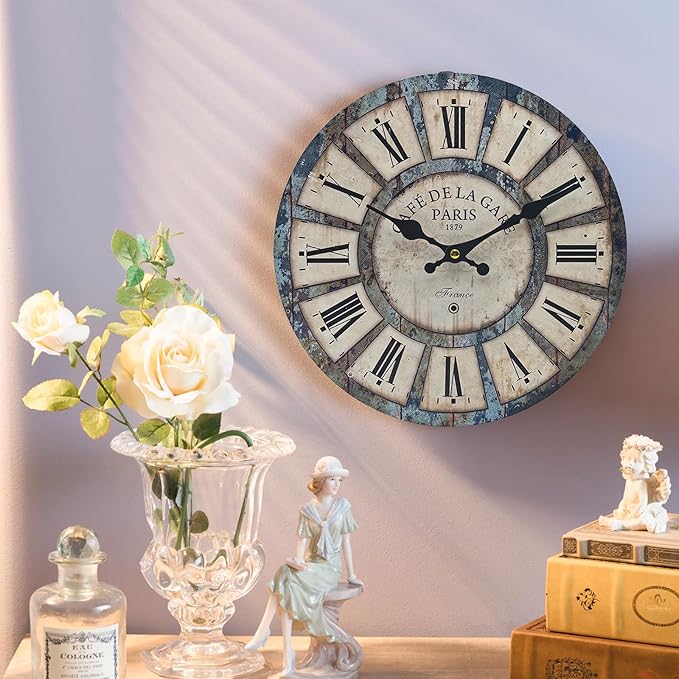 16 Inch Vintage Wall Clock, Roman Numerals Style, Battery Operated, Non-Ticking, Large Farmhouse Clock, Rustic Wall Decor, Perfect for Home, Kitchen, Living Room