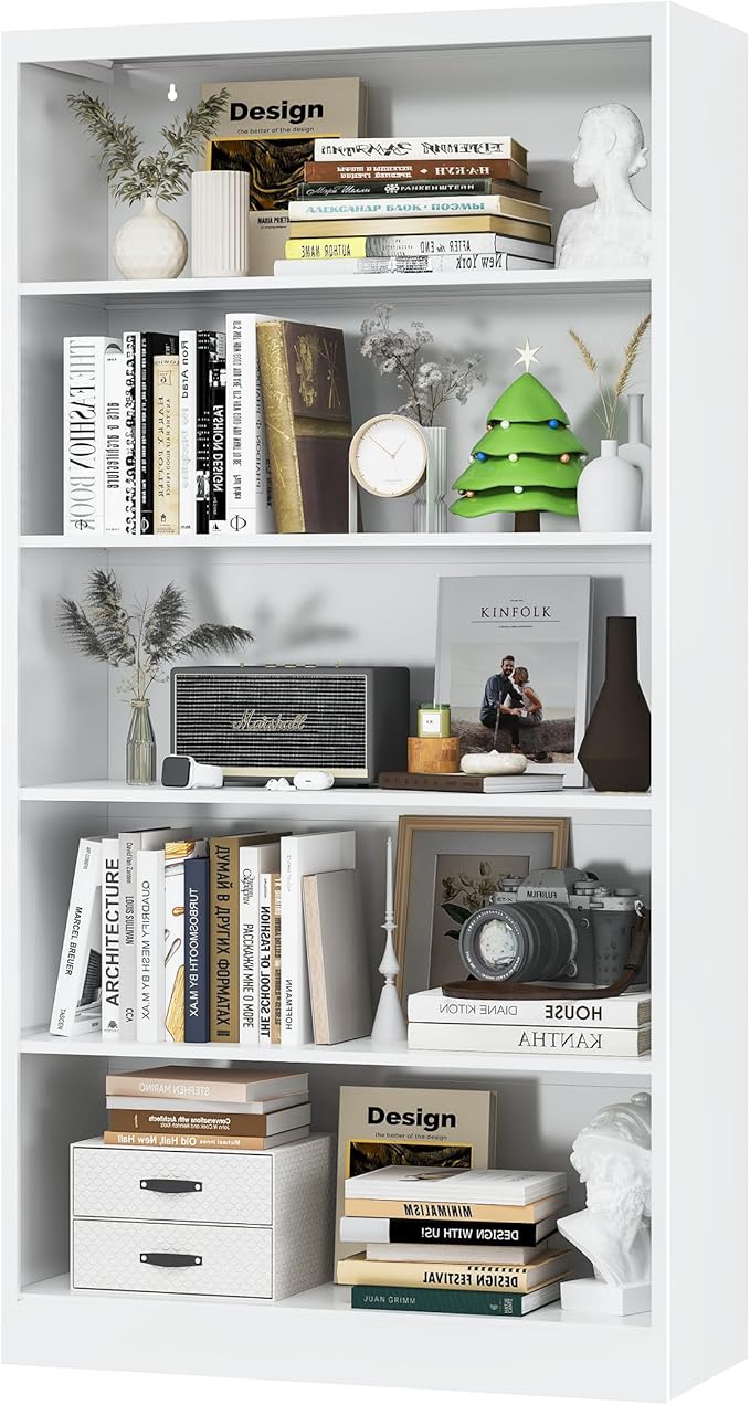 Book Shelf Organizer, Metal Bookshelves Adjustable, 5 Tier White Bookcase, Heavy Duty Open Bookshelf for Office, Living Room, Library, Bedroom, 65.8" Tall
