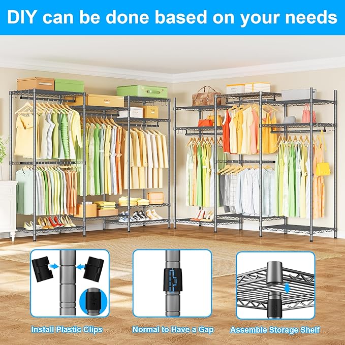 Ulif E13 Heavy Duty Clothes Rack（With 4 Hanger Rods & 8 Shelves） Freestanding Clothing Racks for Hanging Clothes，Adjustable Closet Organizer，Metal Garment Rack 63" W x16 D x77 H，Max Load 900LBS，Grey