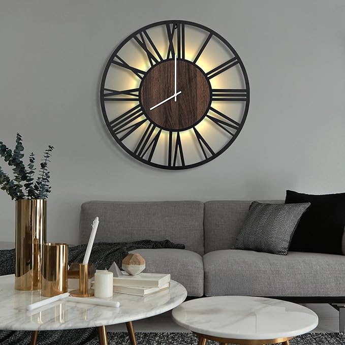 LEIKE Large Wall Clocks with Night Light Battery Operated,Silent Non Ticking,Rustic Modern Big Wood Clock for Living Room, Bedroom,Kitchen,Farmhouse,Office,Home Decor-30 Inch(Roman Numerals)