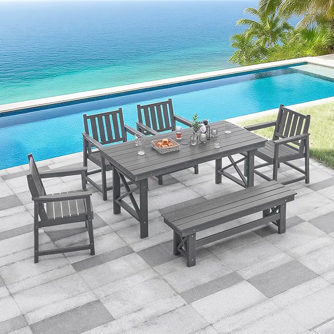 QUASCO HDPE Outdoor Dining Set for 6, Patio Dining Furniture Set with Umbrella Hole Cut-Out Table and 1 Bench and 4 Chairs, All Weather Outdoor Dining Bench Sets, Gray