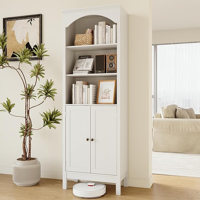 71" H Tall Bookshelf with Doors, Farmhouse Book Shelf with 3-Tier Open Shelves, Wooden Bookcase with Storage Cabinet, Freestanding Display Bookshelves for Bedroom, Living Room, White