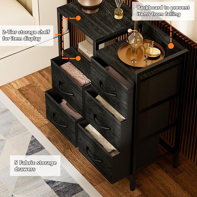 Furnulem 5 Drawer Black Dressers for Bedroom 2 Tier Shelf Storage Small Fabric Dresser for Closet Sturdy Metal Frame Modern Style Storage Cabinets Organization Units for Hallway Rooms