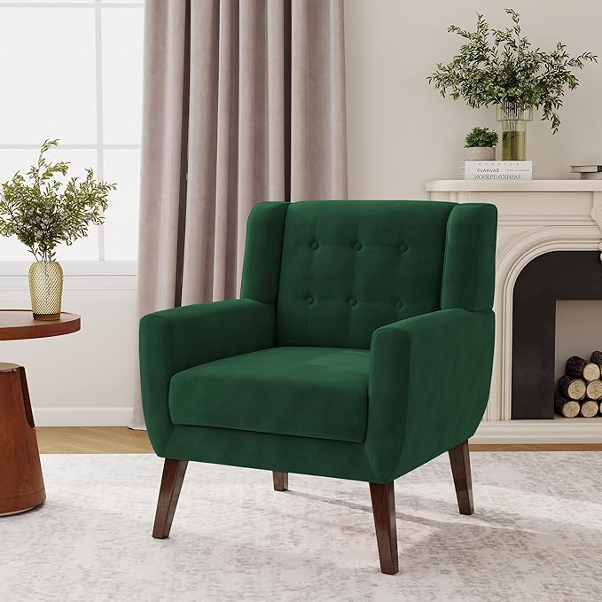 Lumibee Accent Chair, Modern Velevet Armchair for Living Room, Comfy Upholstered Arm Chair Tufted for Indoor Bedroom Office Room (Retro Green Velvet)