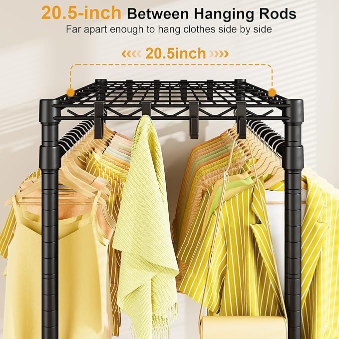 P4 Rolling Clothes Rack Heavy Duty, Clothing Racks for Hanging Clothes, Freestanding Garment Racks with Wheels, Metal Portable Closet Rack 35.5''W × 20.5''D × 80.5''H, Max Load 560Lbs, Black