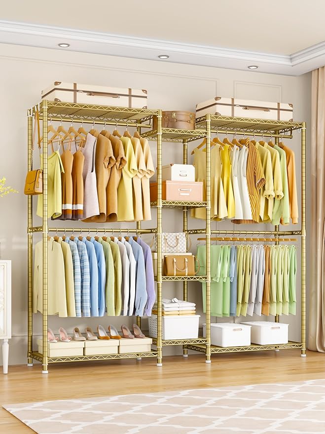 Ulif E4 Clothes Rack, Heavy-Duty Garment Rack, Metal Freestanding Clothing Organization Storage System Can Be L-Shaped with Shelves and Hangers, Max Load 962lbs, 71.6" W x 14.5" D x 79.3" H, Gold