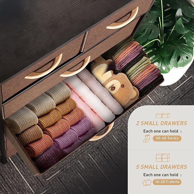 Tall Dresser for Bedroom, Vertical Storage Organizer Tower with 7 Drawers, Chest of Drawers with Fabric Bins, Steel Frame, Wood Top for Bedroom, Closet, Entryway- Brown