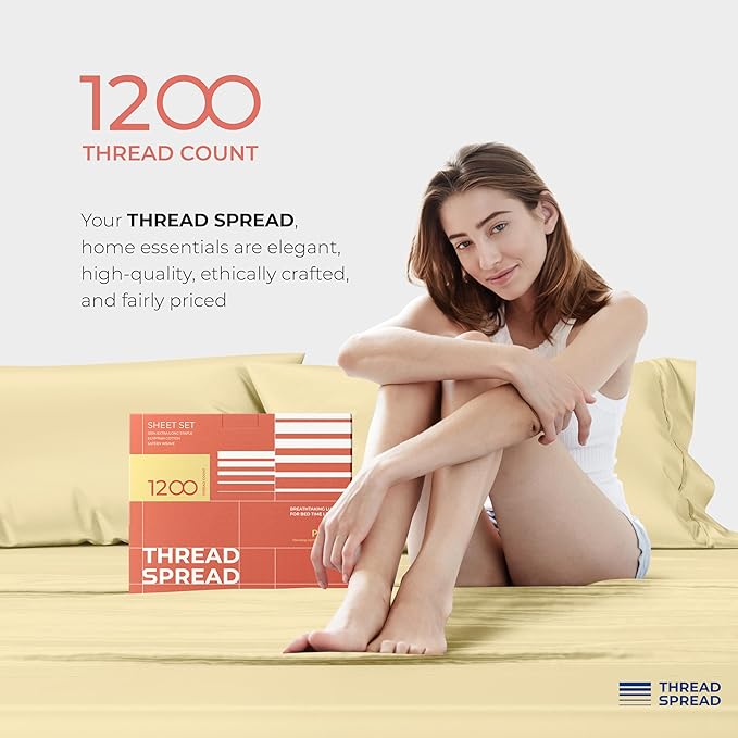 THREAD SPREAD 100% Egyptian Cotton Sheets Queen Size - 1200 Thread Count 4 PC Queen Sheet Set Egyptian Cotton, Sateen Weave Luxury Sheets Queen Size, High Thread Count Sheets, 17" Deep Pocket - Beige