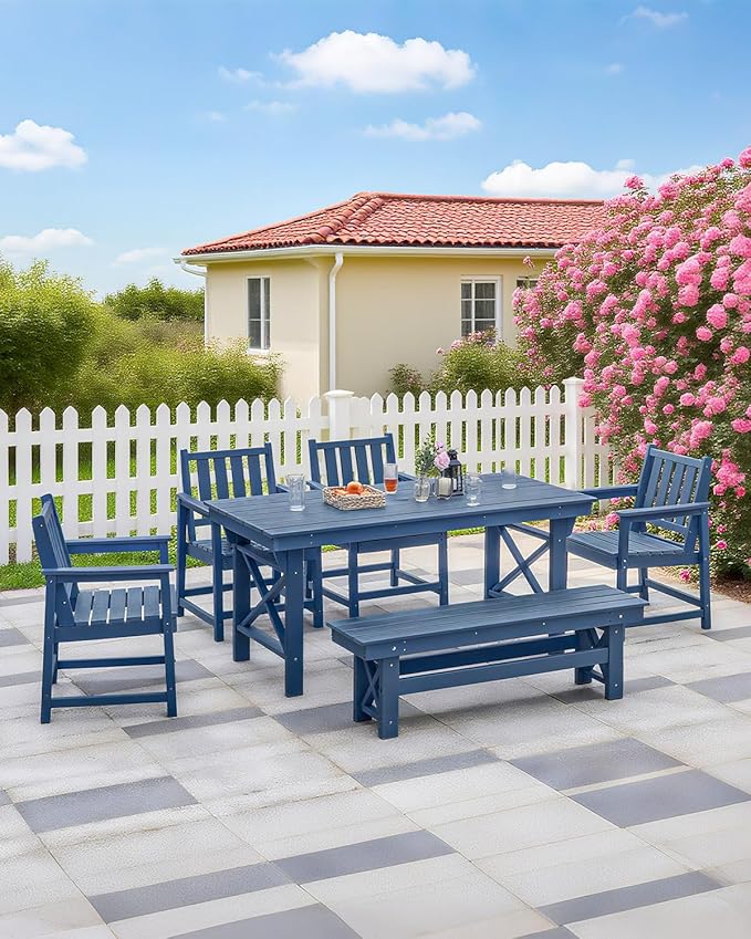 QUASCO Outdoor Patio Dining Set for 6, HDPE Dining Furniture Set with Umbrella Hole Cut-Out Table and 4 Chairs and 1 Bench, All Weather Outdoor Dining Bench Sets for Garden, Deck, Navy Blue