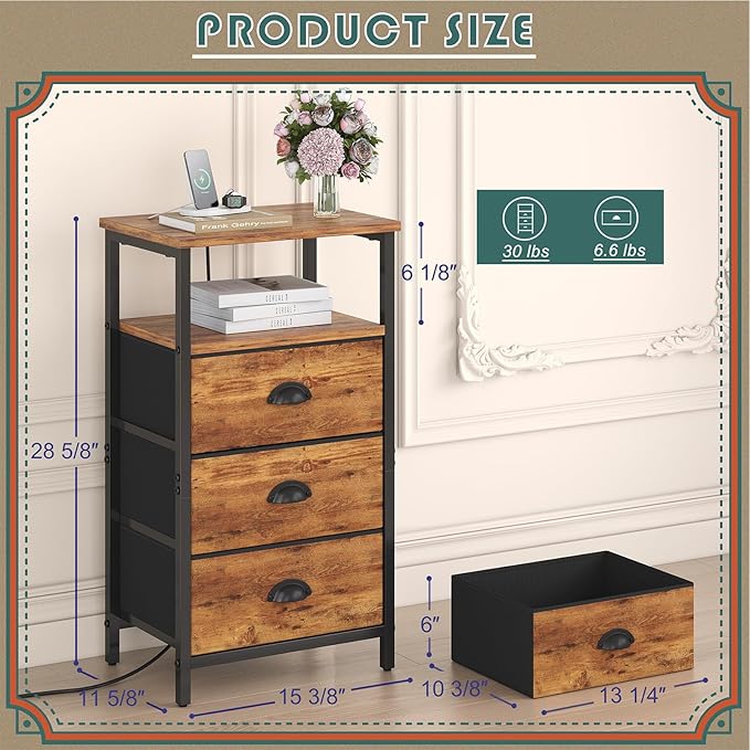 Nightstand with Charging Station,LED Night Stand with 3 Fabric Drawers, Bedside End Tables, 2-Tier Open Storage Shelf Side Table Nightstand with Drawers for Bedroom,Rustic Brown