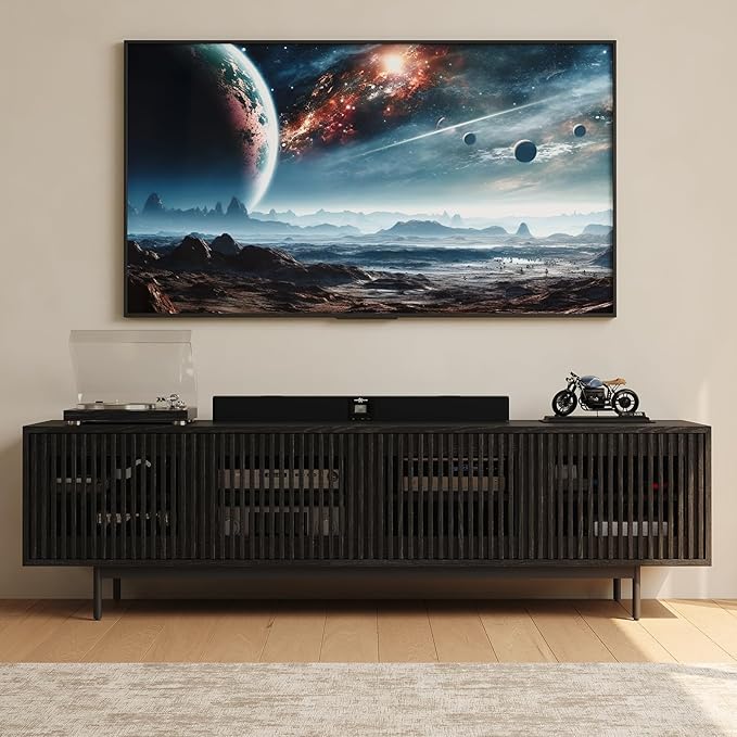 POVISON Mid-Century Modern TV Stand with Slatted Doors, Fully Assembled 78.74" Wood Media Console, TV Console with Tall-cast Metal Legs, Entertainment Center with Storage for Living Room