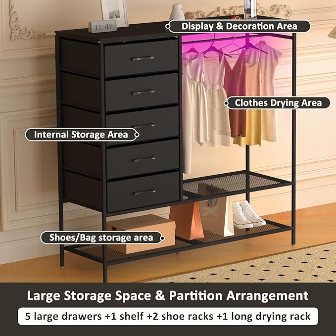Dresser with Hanging Rack, Black Dresser for Bedroom, Chests of Drawers for Closet, 5 Fabric Drawers Clothes Rack, with Sturdy Metal Frame, LED Lights, Charging Station
