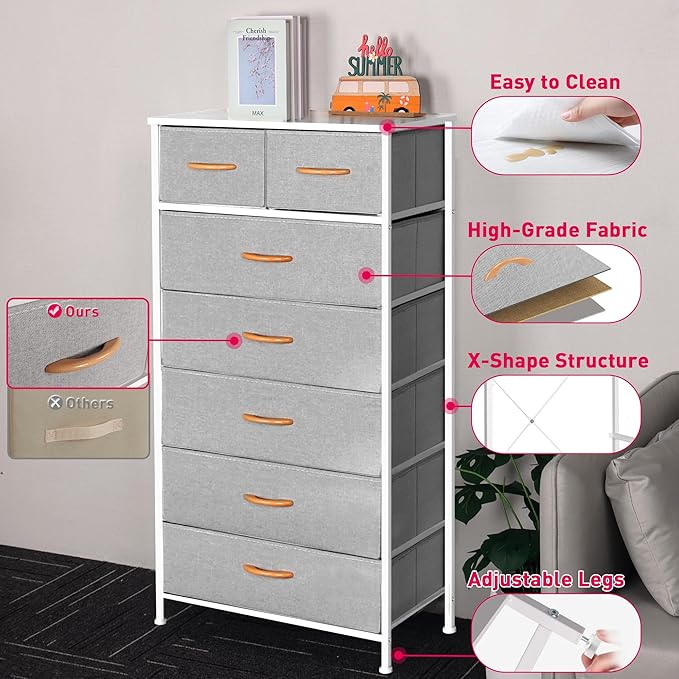 Tall Dresser for Bedroom, Vertical Storage Organizer Tower with 7 Drawers, Chest of Drawers with Fabric Bins, Steel Frame, Wood Top for Bedroom, Closet, Entryway- Light Grey
