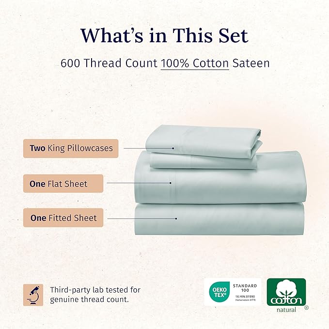 California Design Den Luxury King Size Sheet Set - 100% Cotton, 600 Thread Count Deep Pocket King Sheets, Hotel-Quality Bedding with Sateen Weave - Seafoam