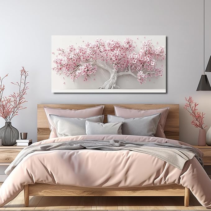 Pink Wall Art for Living Room Bedroom Home Office Large Tree Wall Decor Flower Pictures Art White Artwork Modern Floral Canvas 24"x 48"