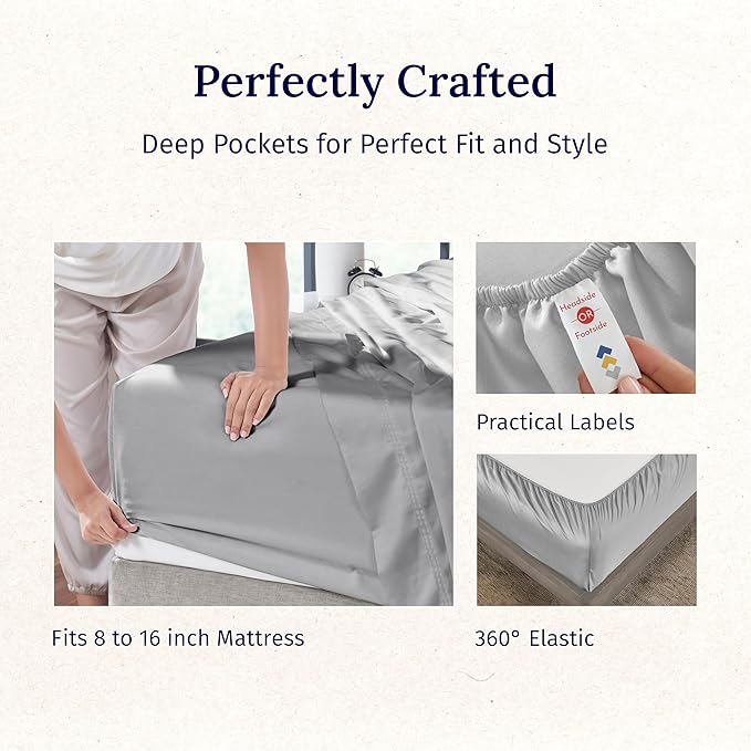 California Design Den - Luxury Full Size Sheet Set - 100% Cotton, 600 Thread Count Deep Pocket Full Size Bed Sheets, Hotel-Quality Cooling Sheets, Sateen Weave - Light Grey