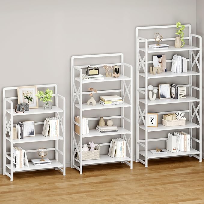 No Assembly Folding Bookshelf, 5 Tiers Vintage Wood Collapsible Book Shelf for Storage,Industrial Metal Foldable Bookcase Organizer for Living Room Bedroom Home Office (White)