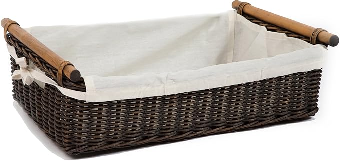 The Basket Lady Low Pole Handle Wicker Storage Basket, Extra Large, 21.5 in L x 14.5 in W x 6.5 in H, Antique Walnut Brown