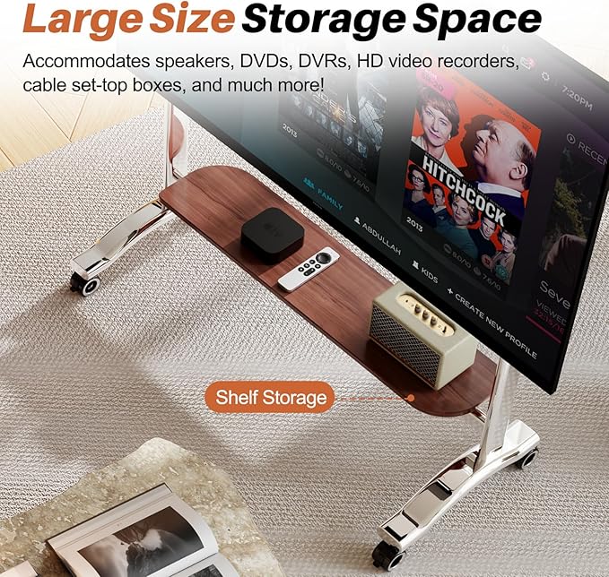 Heavy Duty Mobile TV Stand Easel Rolling TV Cart with Wheels for 65-110 Inch, Stainless Steel Portable Floor TV Stand on Wheels with Large Storage Pegboard Hold Up to 198 Lbs Max VESA 1200x600 mm (08)