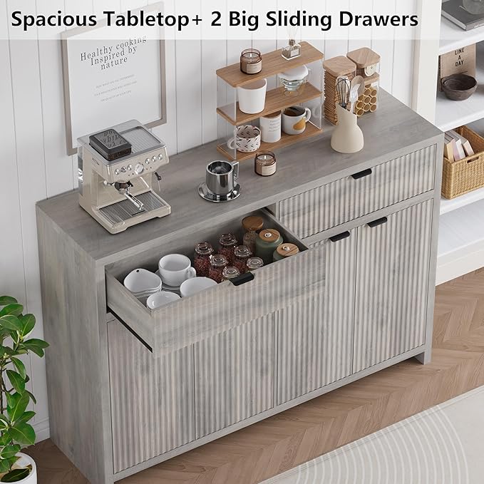 Fluted Sideboard Buffet Cabinet with Storage and Large Drawers, 55" W Credenza Storage Cabinet for Living Room or Entryway, 40'' H Farmhouse Buffet Table with Adjustable Shelves, Console Cabinet