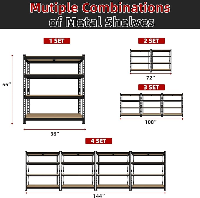 2 Packs 36" W x 16" D x 55" H Adjustable Garage Storage Shelves - 4-Shelf Heavy Duty Shelving Unit, Metal Utility Storage Organizer Racks for Warehouse Pantry Closet Kitchen, Black